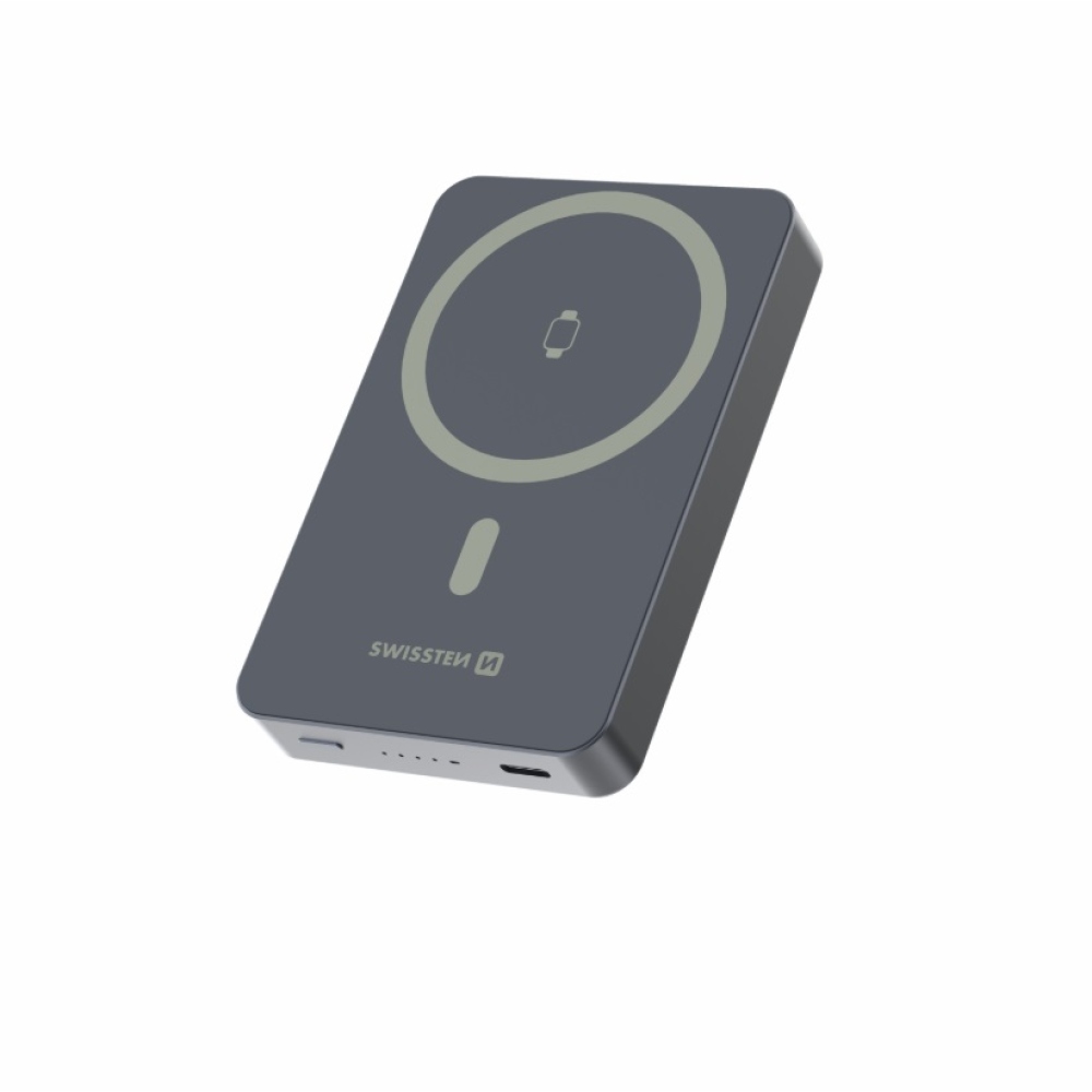 Swissten Powerbank Fusion 10000 mAh s nabíjením Apple Watch (kompatibilní s MagSafe) - stříbrná
