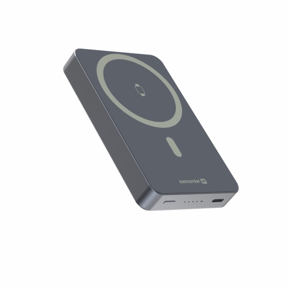 Swissten Powerbank Fusion 10000 mAh s nabíjením Apple Watch (kompatibilní s MagSafe) - stříbrná
