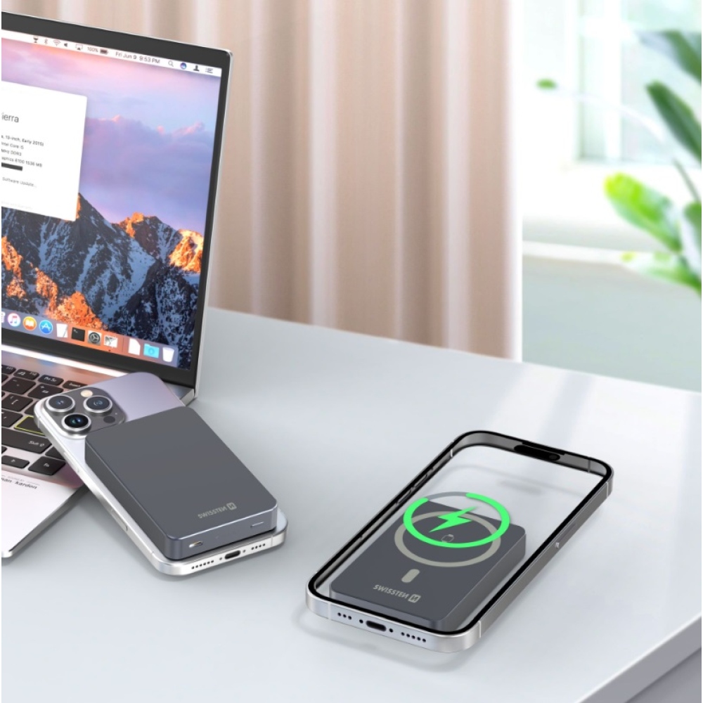 Swissten Powerbank Fusion 10000 mAh s nabíjením Apple Watch (kompatibilní s MagSafe) - stříbrná