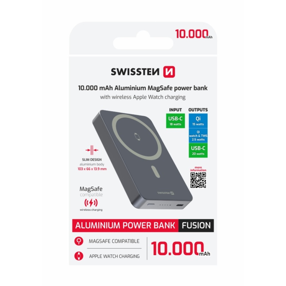 Swissten Powerbank Fusion 10000 mAh s nabíjením Apple Watch (kompatibilní s MagSafe) - stříbrná