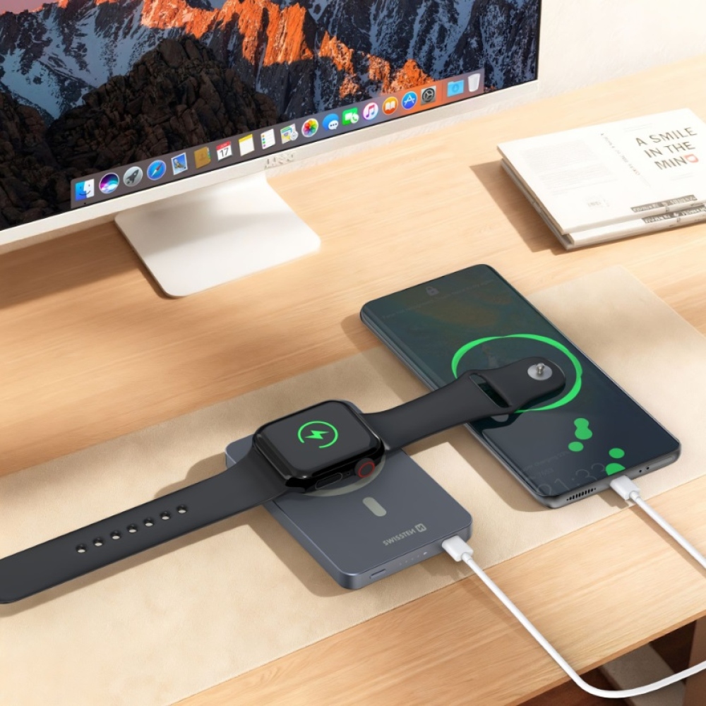 Swissten Powerbank Fusion 5000 mAh s nabíjením Apple Watch (kompatibilní s MagSafe) - stříbrná