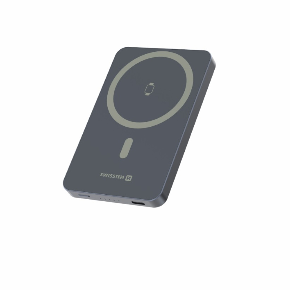 Swissten Powerbank Fusion 5000 mAh s nabíjením Apple Watch (kompatibilní s MagSafe) - stříbrná