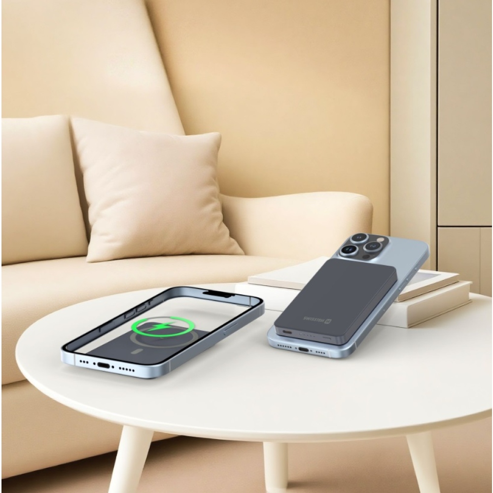 Swissten Powerbank Fusion 5000 mAh s nabíjením Apple Watch (kompatibilní s MagSafe) - stříbrná