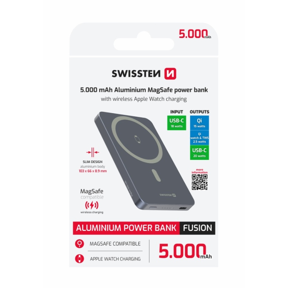 Swissten Powerbank Fusion 5000 mAh s nabíjením Apple Watch (kompatibilní s MagSafe) - stříbrná