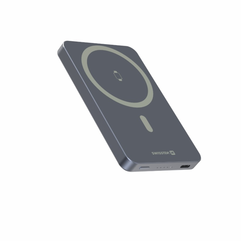 Swissten Powerbank Fusion 5000 mAh s nabíjením Apple Watch (kompatibilní s MagSafe) - stříbrná