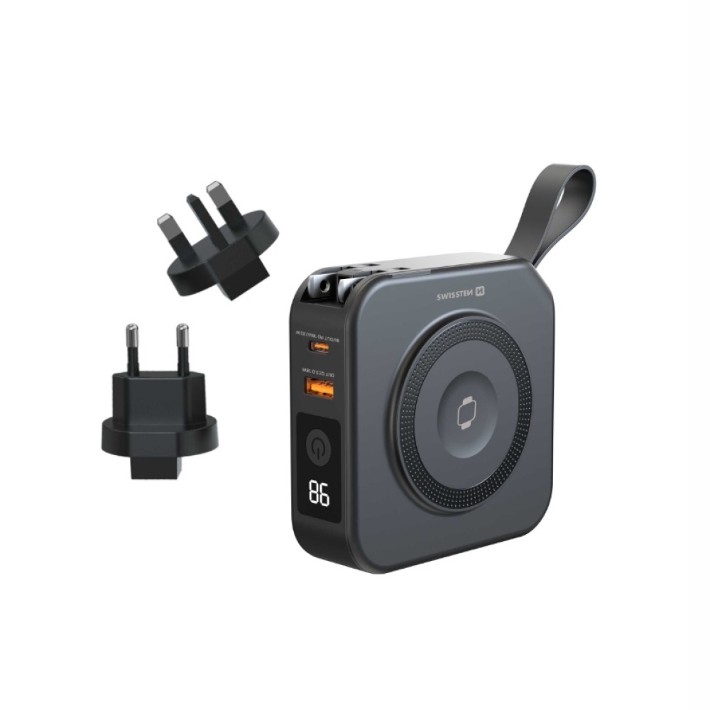 Swissten powerbanka All-in-one Pro s vyměnitelnými vidlicemi (USA, EU, UK) 10000 mAh 20 W - černá