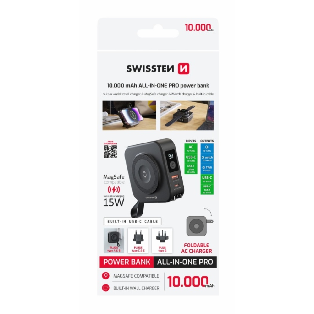 Swissten powerbanka All-in-one Pro s vyměnitelnými vidlicemi (USA, EU, UK) 10000 mAh 20 W - černá