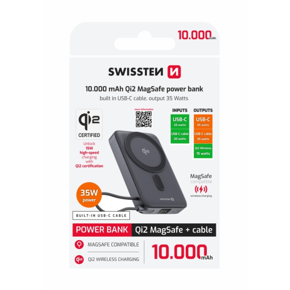 Swissten powerbanka MagSafe Qi2 15 W, 10000 mAh s integrovaným kabelem USB-C - černá