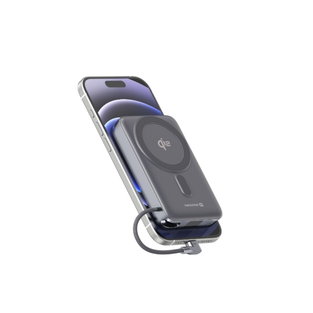 Swissten powerbanka MagSafe Qi2 15 W, 10000 mAh s integrovaným kabelem USB-C - černá