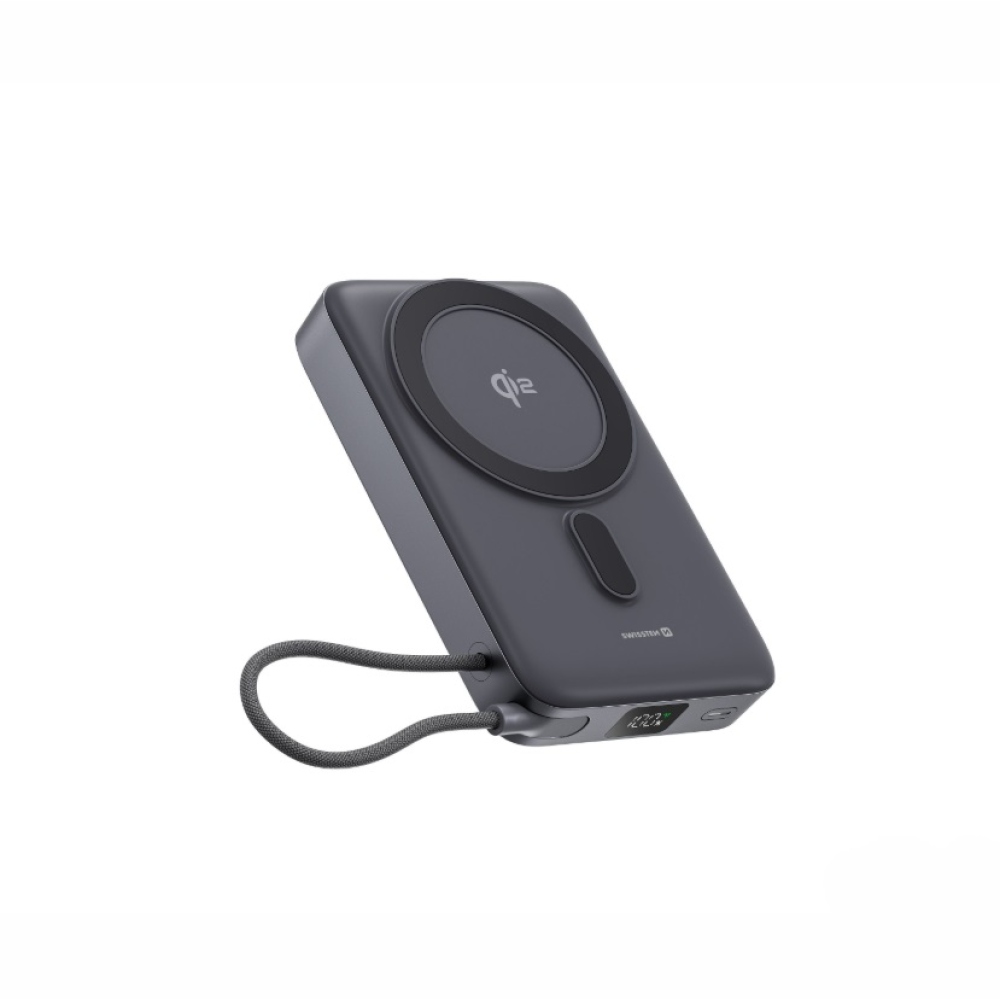 Swissten powerbanka MagSafe Qi2 15 W, 10000 mAh s integrovaným kabelem USB-C - černá