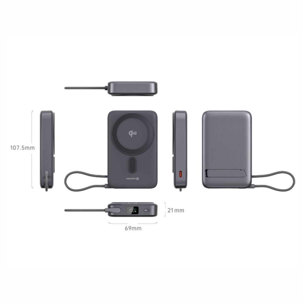 Swissten powerbanka MagSafe Qi2 15 W, 10000 mAh s integrovaným kabelem USB-C - černá