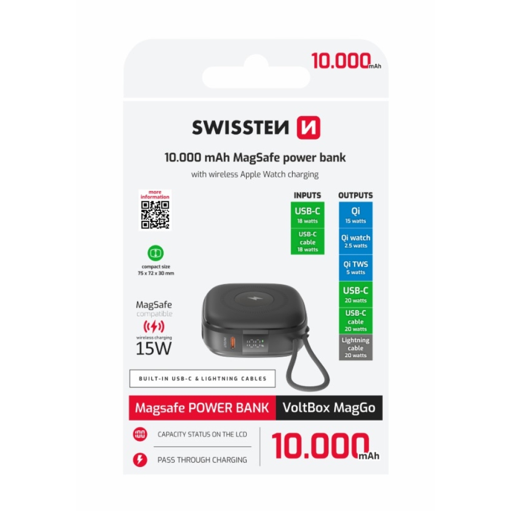 Swissten powerbanka Voltbox MagGo 10 000 mAh s integrovanými kabely + MagSafe + Applewatch