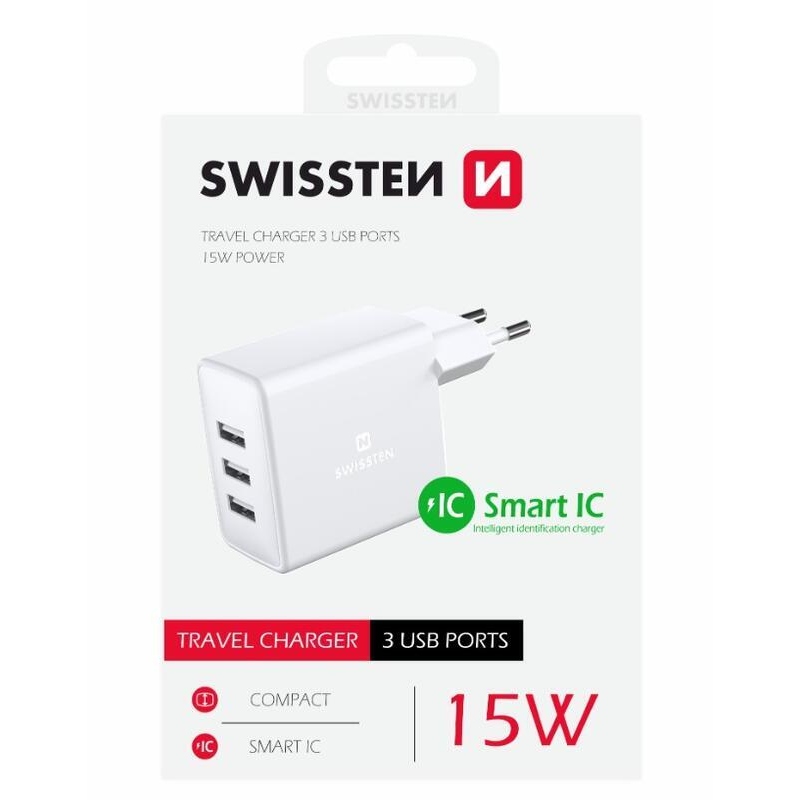 Swissten síťový adaptér 3x USB, 3A, 15W - bílý