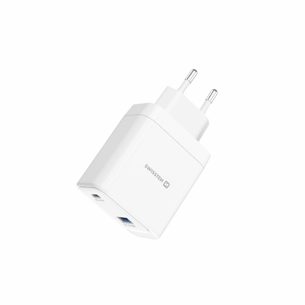 SWISSTEN síťový adaptér core GaN 1x USB-C 45W PD + 1x USB-A 18W QC - bílý