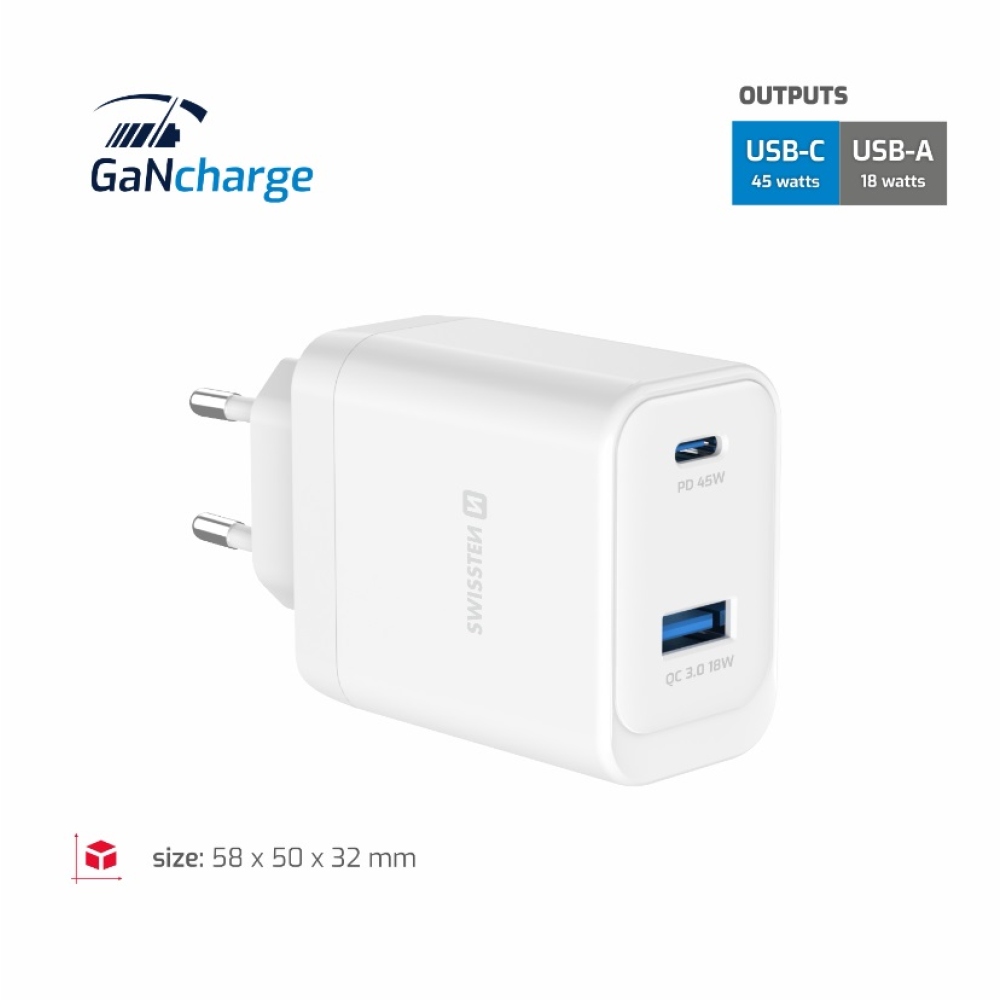 SWISSTEN síťový adaptér core GaN 1x USB-C 45W PD + 1x USB-A 18W QC - bílý