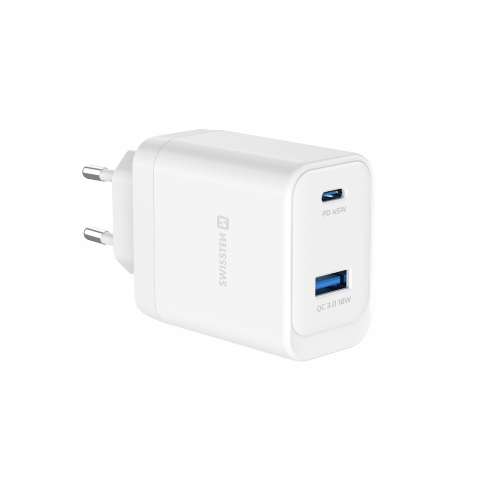 SWISSTEN síťový adaptér core GaN 1x USB-C 45W PD + 1x USB-A 18W QC - bílý