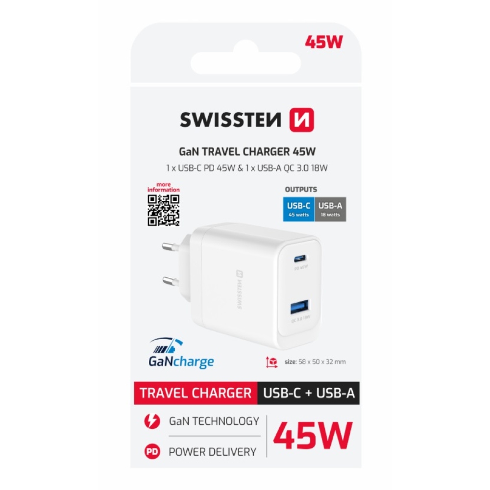 SWISSTEN síťový adaptér core GaN 1x USB-C 45W PD + 1x USB-A 18W QC - bílý