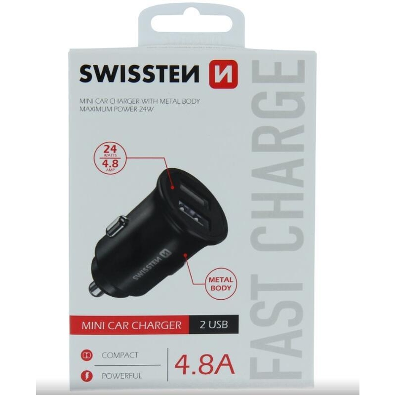 Swissten síťový adaptér do auta, 2x USB, 4.8A - černý