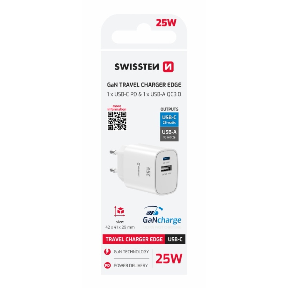 SWISSTEN síťový adaptér edge 1x USB-C PD 25W + 1x USB-A 18W QC - bílý