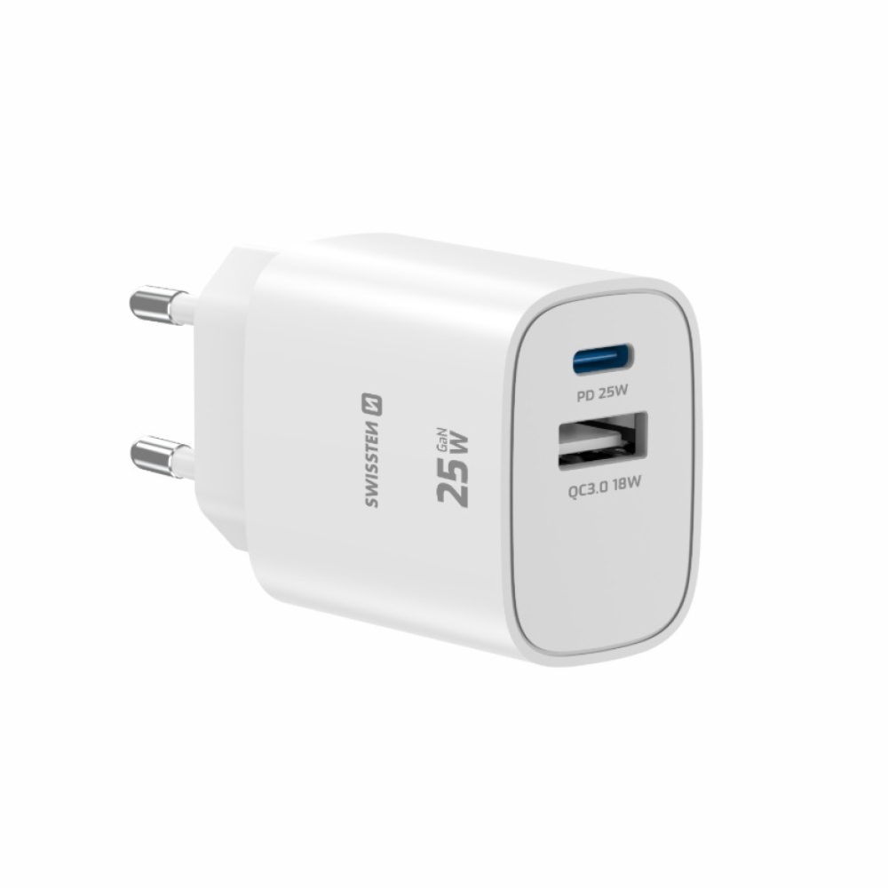 SWISSTEN síťový adaptér edge 1x USB-C PD 25W + 1x USB-A 18W QC - bílý