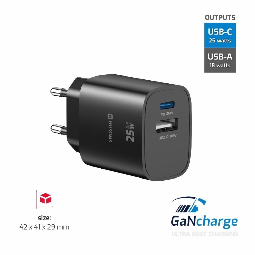 SWISSTEN síťový adaptér edge 1x USB-C PD 25W + 1x USB-A 18W QC - černý