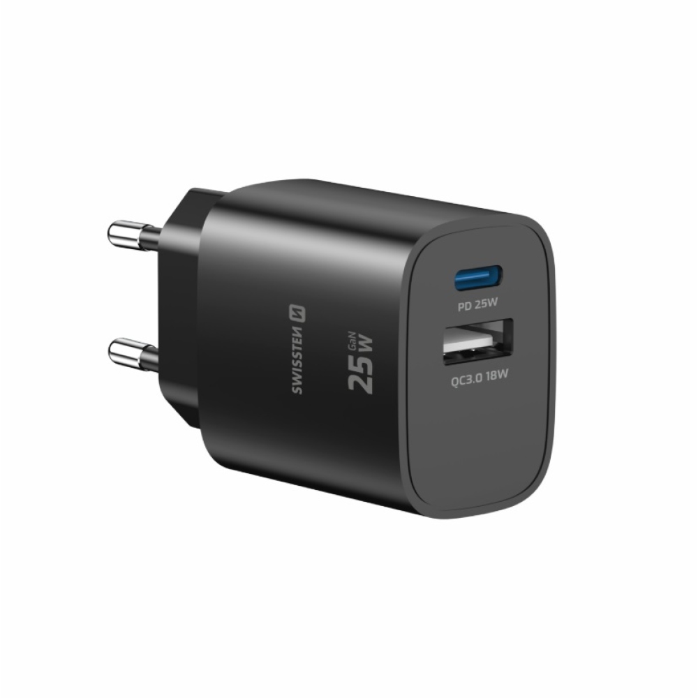 SWISSTEN síťový adaptér edge 1x USB-C PD 25W + 1x USB-A 18W QC - černý