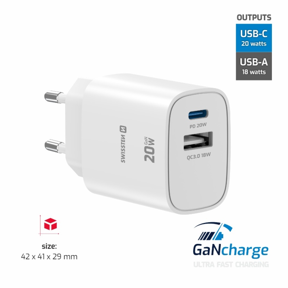 SWISSTEN síťový adaptér edge GaN 1x USB-C PD 20W + 1x USB-A 18W QC - bílý