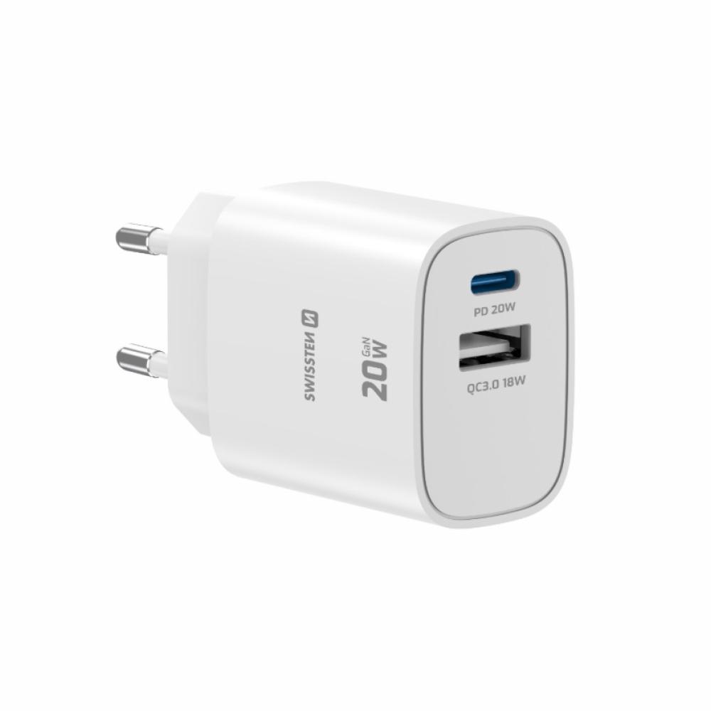 SWISSTEN síťový adaptér edge GaN 1x USB-C PD 20W + 1x USB-A 18W QC - bílý