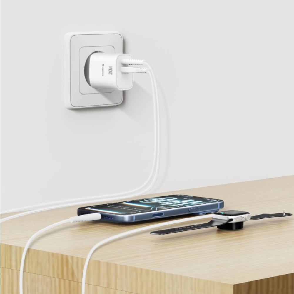 SWISSTEN síťový adaptér edge GaN 1x USB-C PD 20W + 1x USB-A 18W QC - bílý