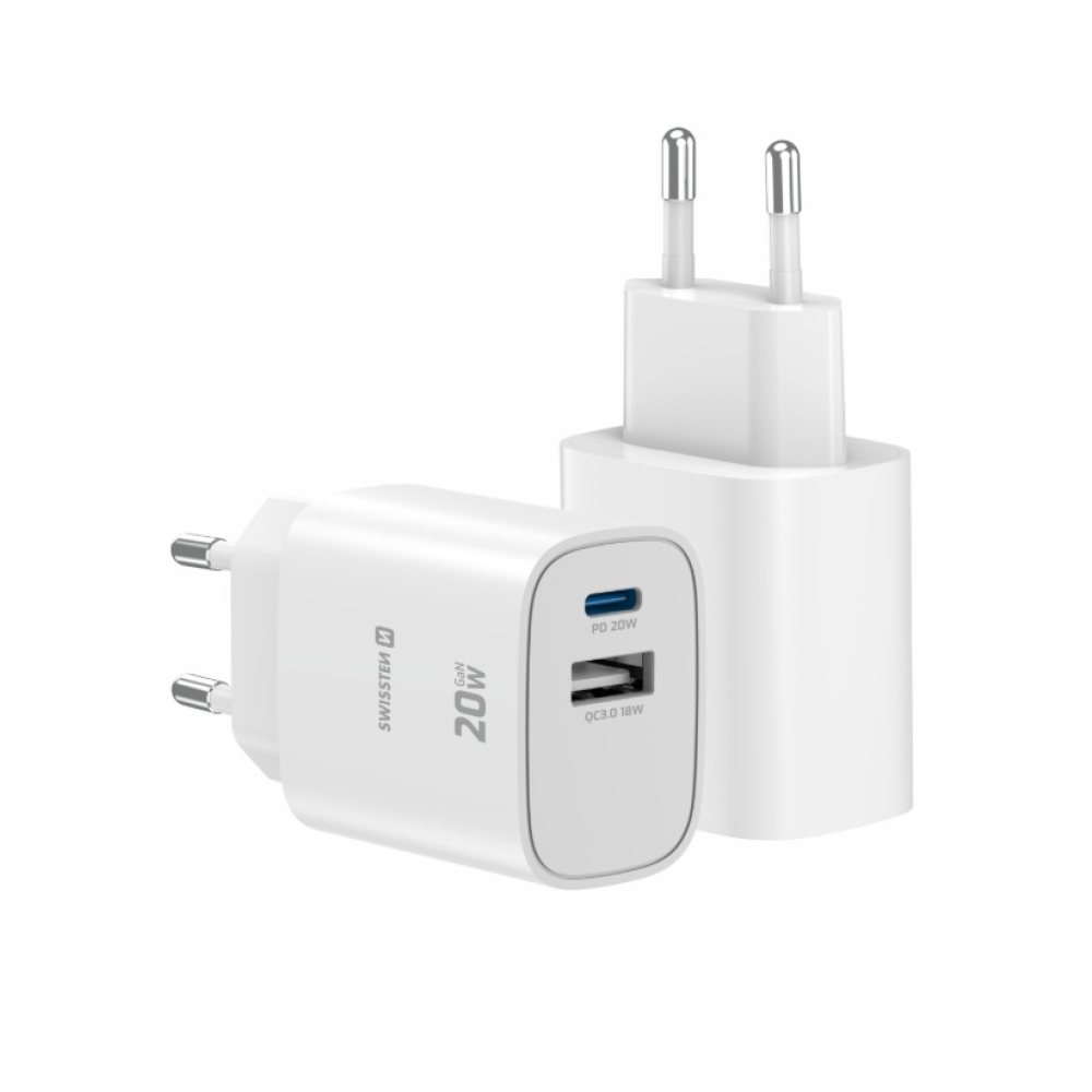 SWISSTEN síťový adaptér edge GaN 1x USB-C PD 20W + 1x USB-A 18W QC - bílý