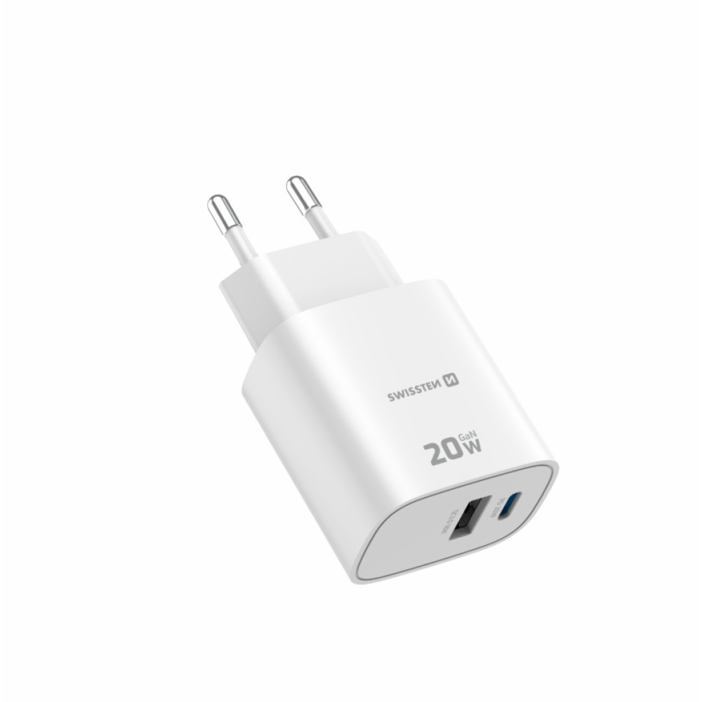 SWISSTEN síťový adaptér edge GaN 1x USB-C PD 20W + 1x USB-A 18W QC - bílý