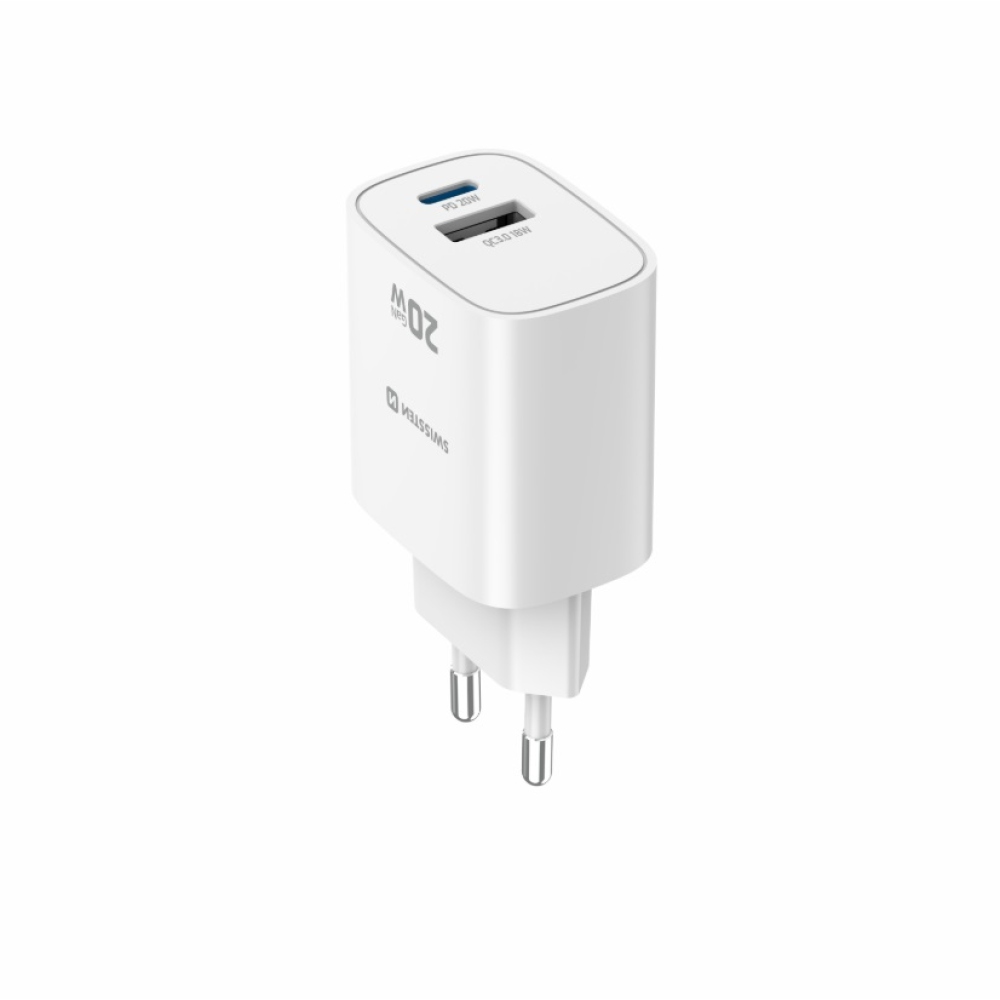 SWISSTEN síťový adaptér edge GaN 1x USB-C PD 20W + 1x USB-A 18W QC - bílý