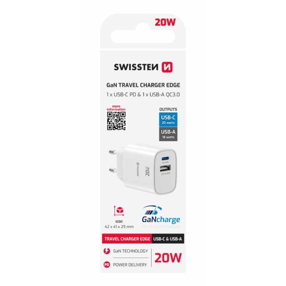 SWISSTEN síťový adaptér edge GaN 1x USB-C PD 20W + 1x USB-A 18W QC - bílý