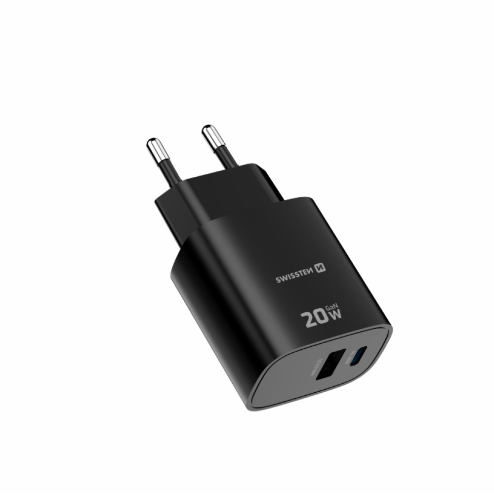 SWISSTEN síťový adaptér edge GaN 1x USB-C PD 20W + 1x USB-A 18W QC - černý