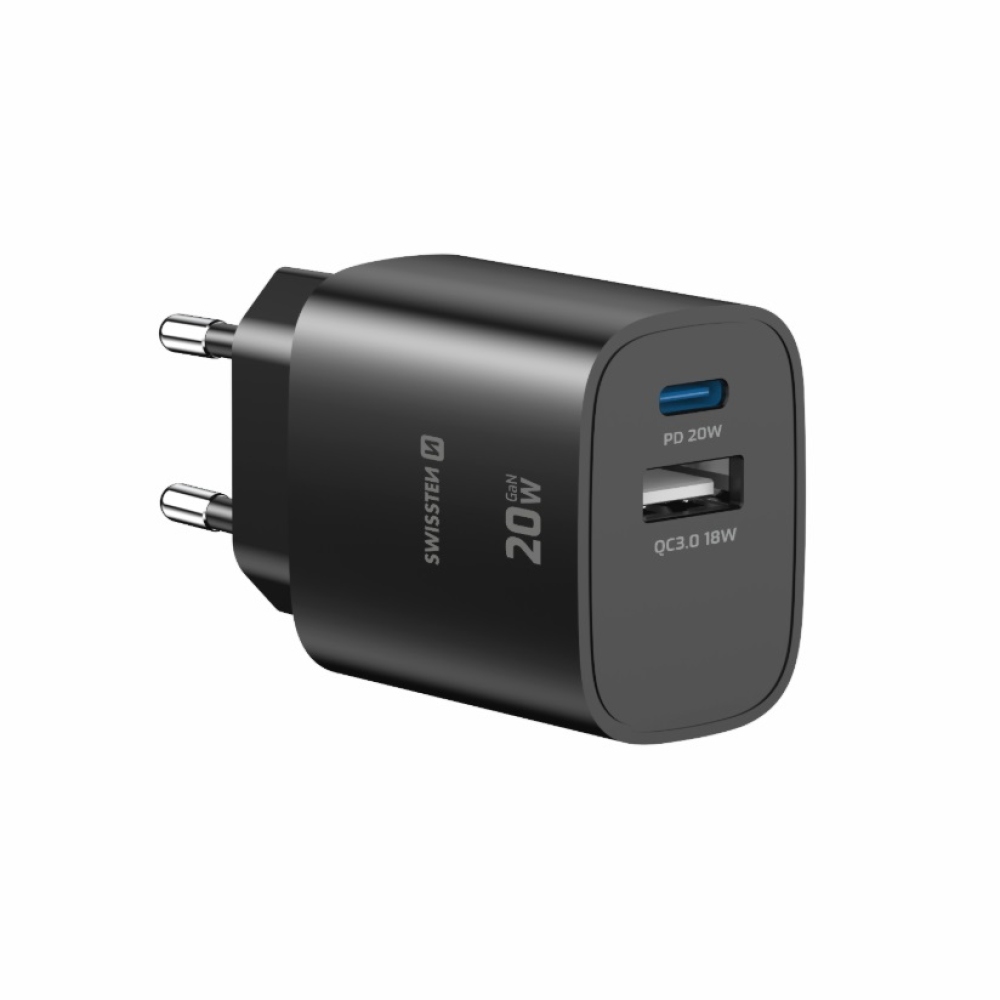 SWISSTEN síťový adaptér edge GaN 1x USB-C PD 20W + 1x USB-A 18W QC - černý