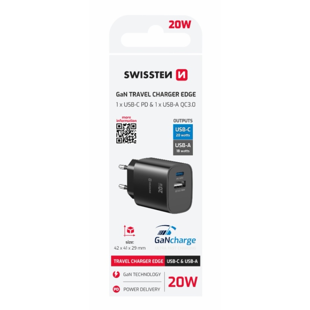 SWISSTEN síťový adaptér edge GaN 1x USB-C PD 20W + 1x USB-A 18W QC - černý