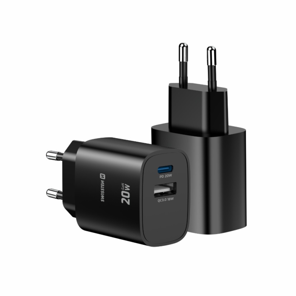 SWISSTEN síťový adaptér edge GaN 1x USB-C PD 20W + 1x USB-A 18W QC - černý