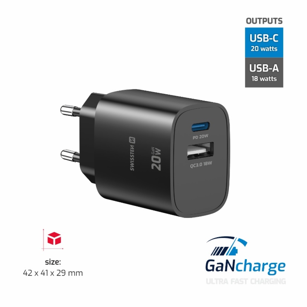 SWISSTEN síťový adaptér edge GaN 1x USB-C PD 20W + 1x USB-A 18W QC - černý