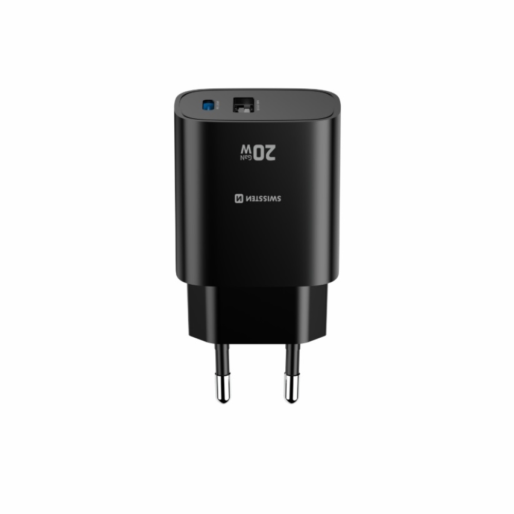 SWISSTEN síťový adaptér edge GaN 1x USB-C PD 20W + 1x USB-A 18W QC - černý