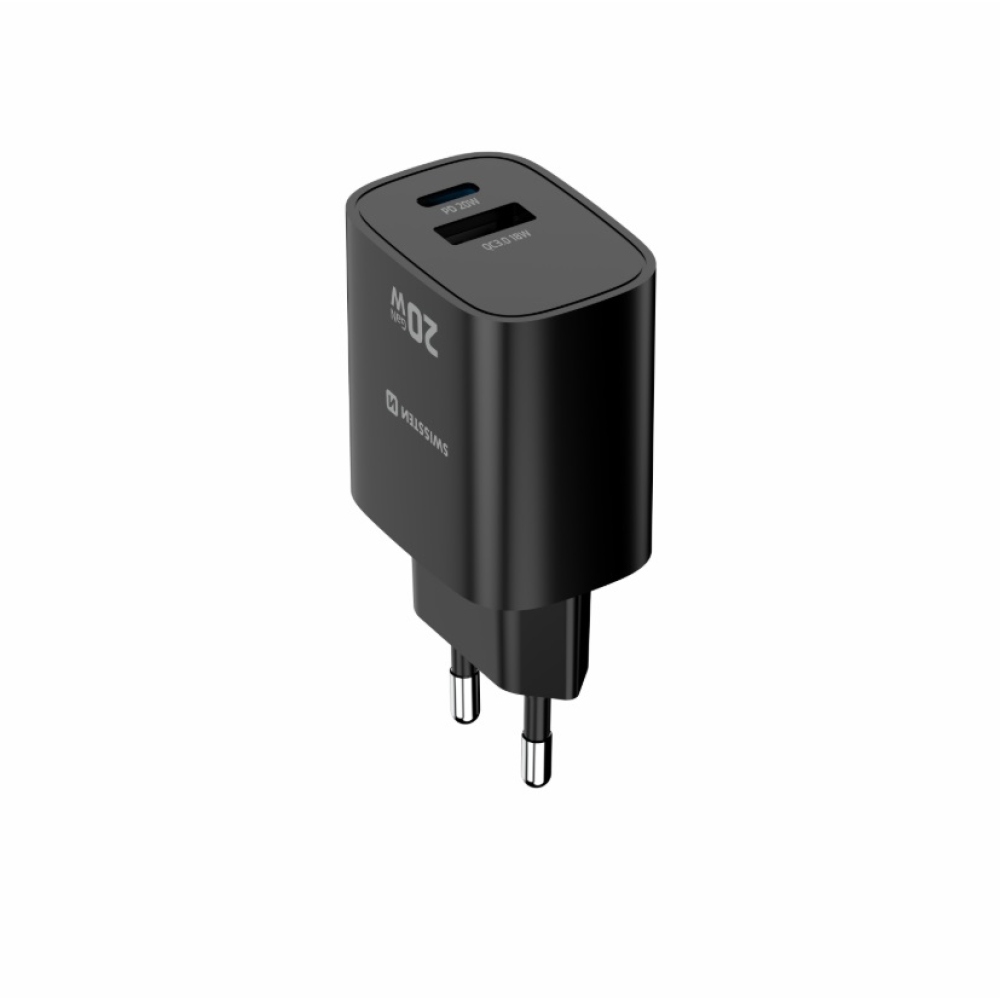 SWISSTEN síťový adaptér edge GaN 1x USB-C PD 20W + 1x USB-A 18W QC - černý