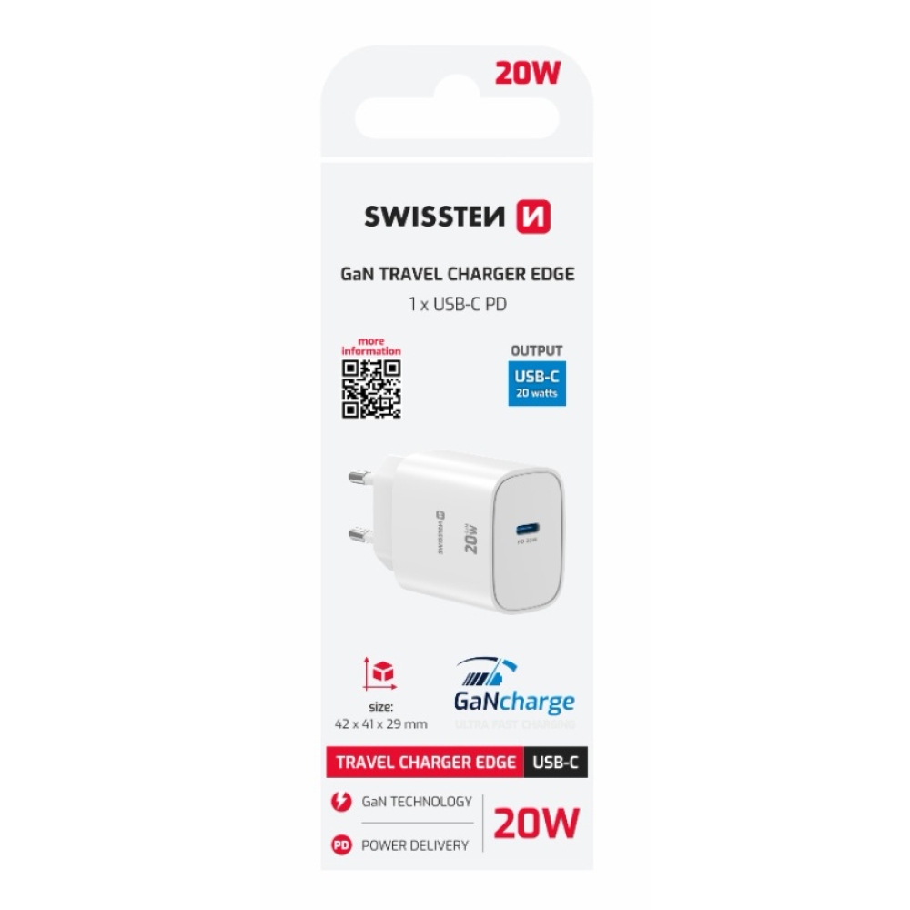 SWISSTEN síťový adaptér edge GaN 1x USB-C PD 20W - bílý