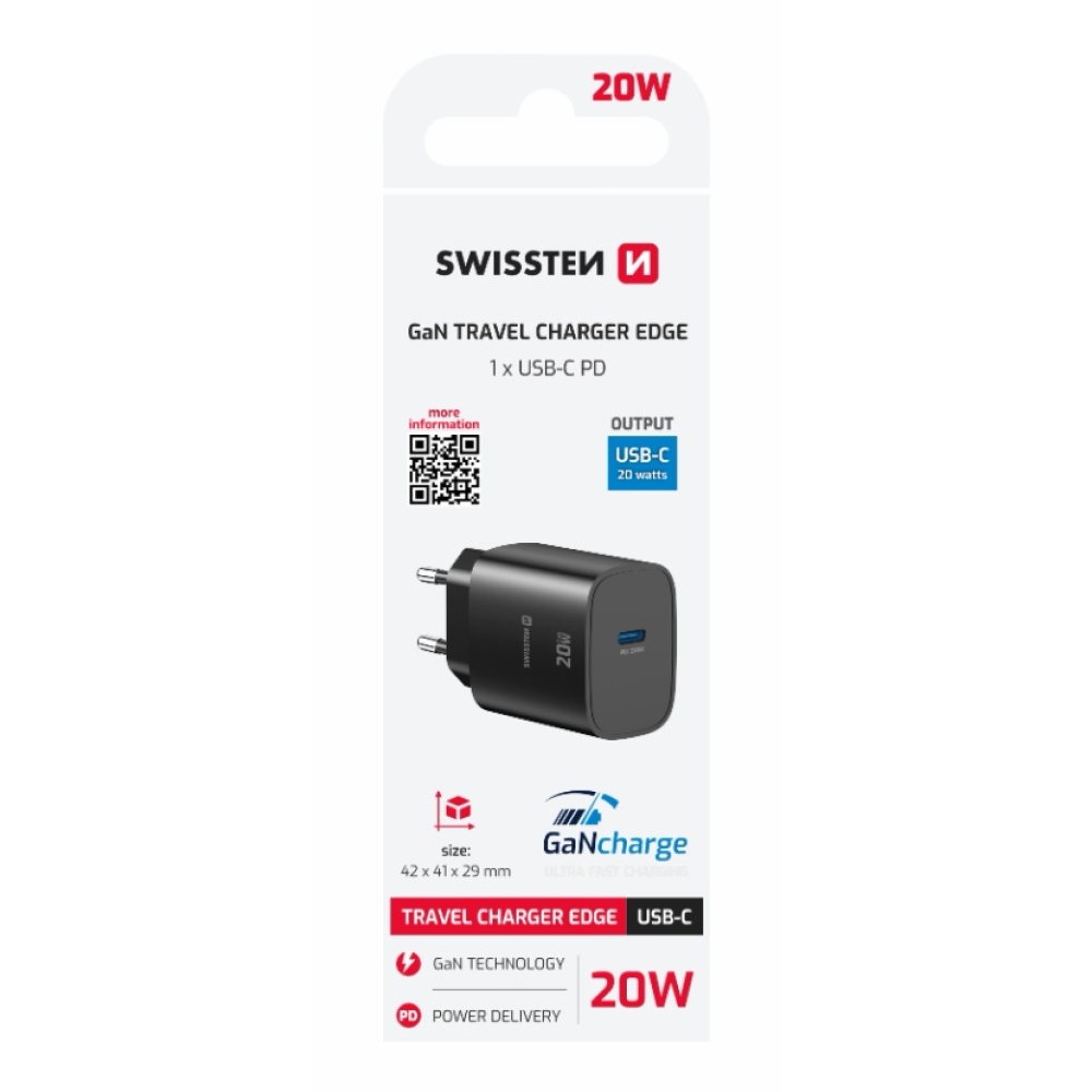 SWISSTEN síťový adaptér edge GaN 1x USB-C PD 20W - černý
