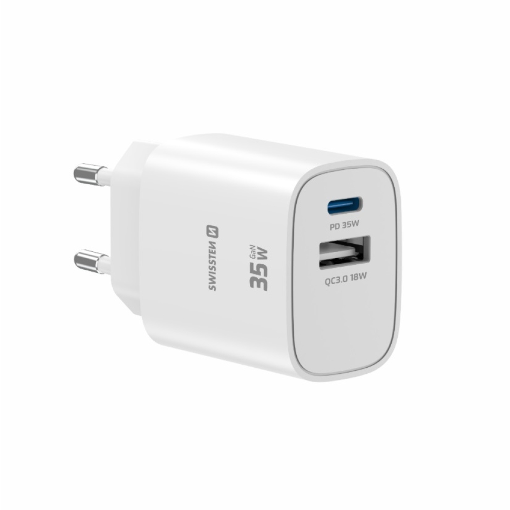 SWISSTEN síťový adaptér edge GaN 1x USB-C PD 35W + 1x USB-A 18W QC - bílý