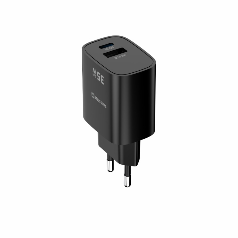 SWISSTEN síťový adaptér edge GaN 1x USB-C PD 35W + 1x USB-A 18W QC - černý
