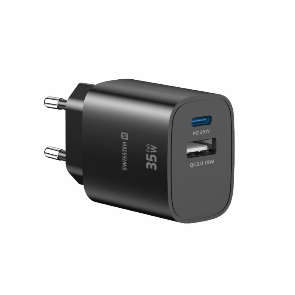 SWISSTEN síťový adaptér edge GaN 1x USB-C PD 35W + 1x USB-A 18W QC - černý