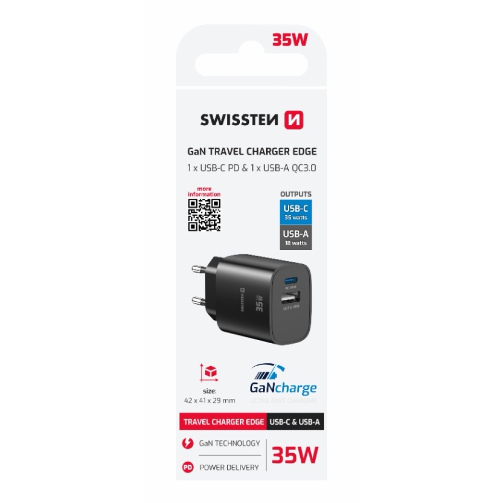 SWISSTEN síťový adaptér edge GaN 1x USB-C PD 35W + 1x USB-A 18W QC - černý