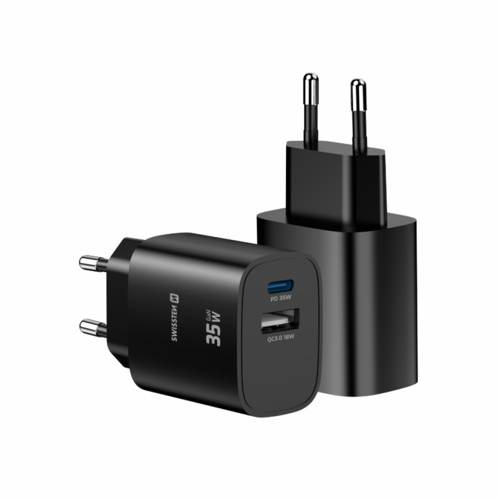 SWISSTEN síťový adaptér edge GaN 1x USB-C PD 35W + 1x USB-A 18W QC - černý