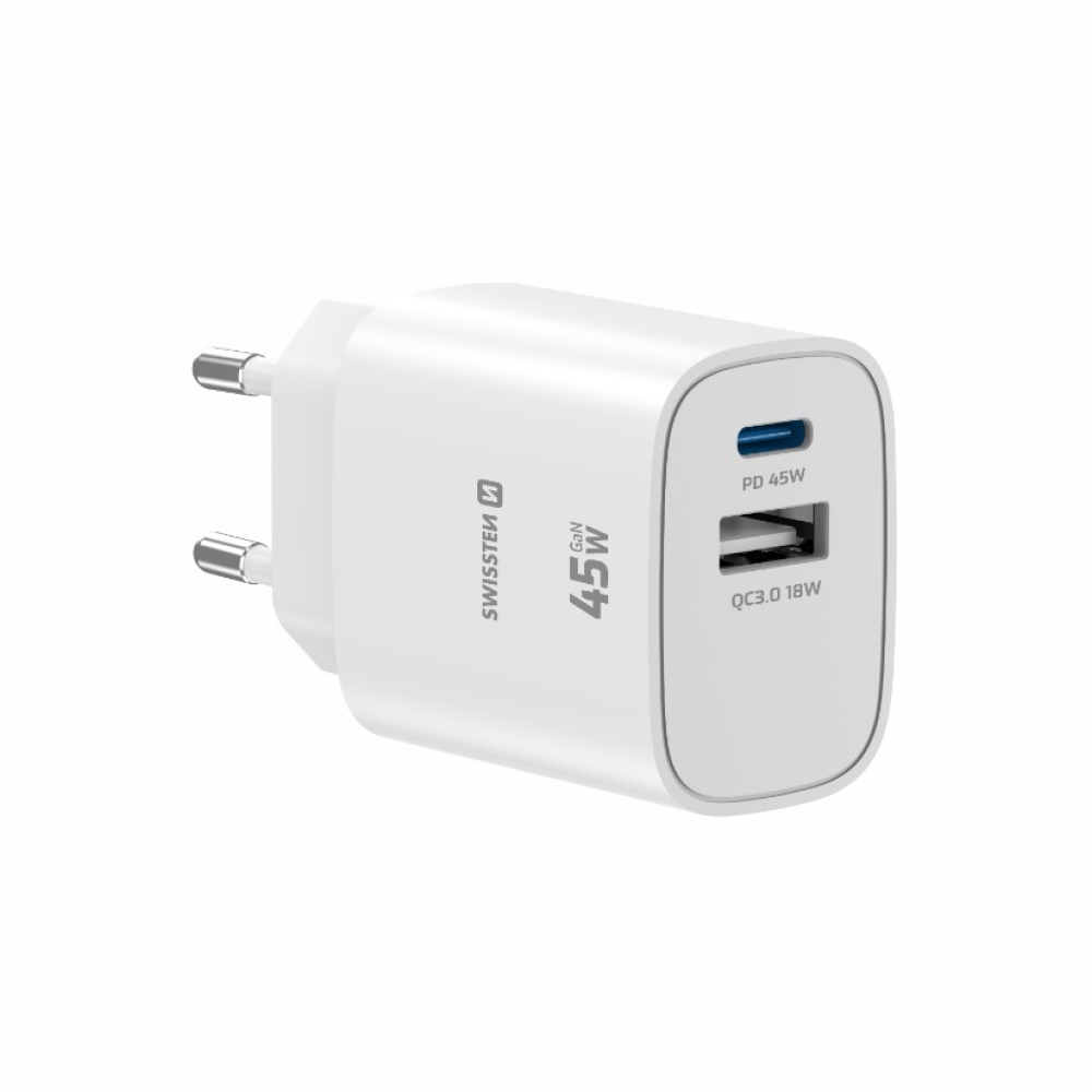 SWISSTEN síťový adaptér edge GaN 1x USB-C PD 45W + 1x USB-A 18W QC - bílý