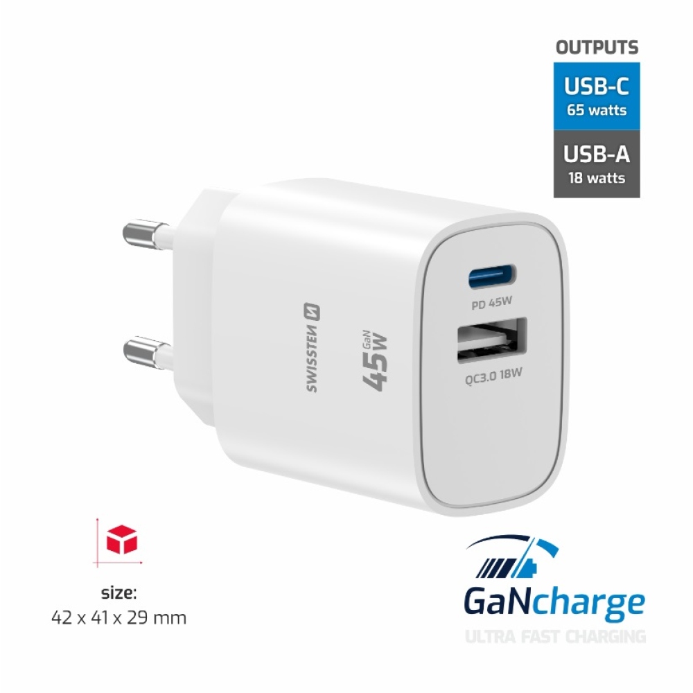 SWISSTEN síťový adaptér edge GaN 1x USB-C PD 45W + 1x USB-A 18W QC - bílý