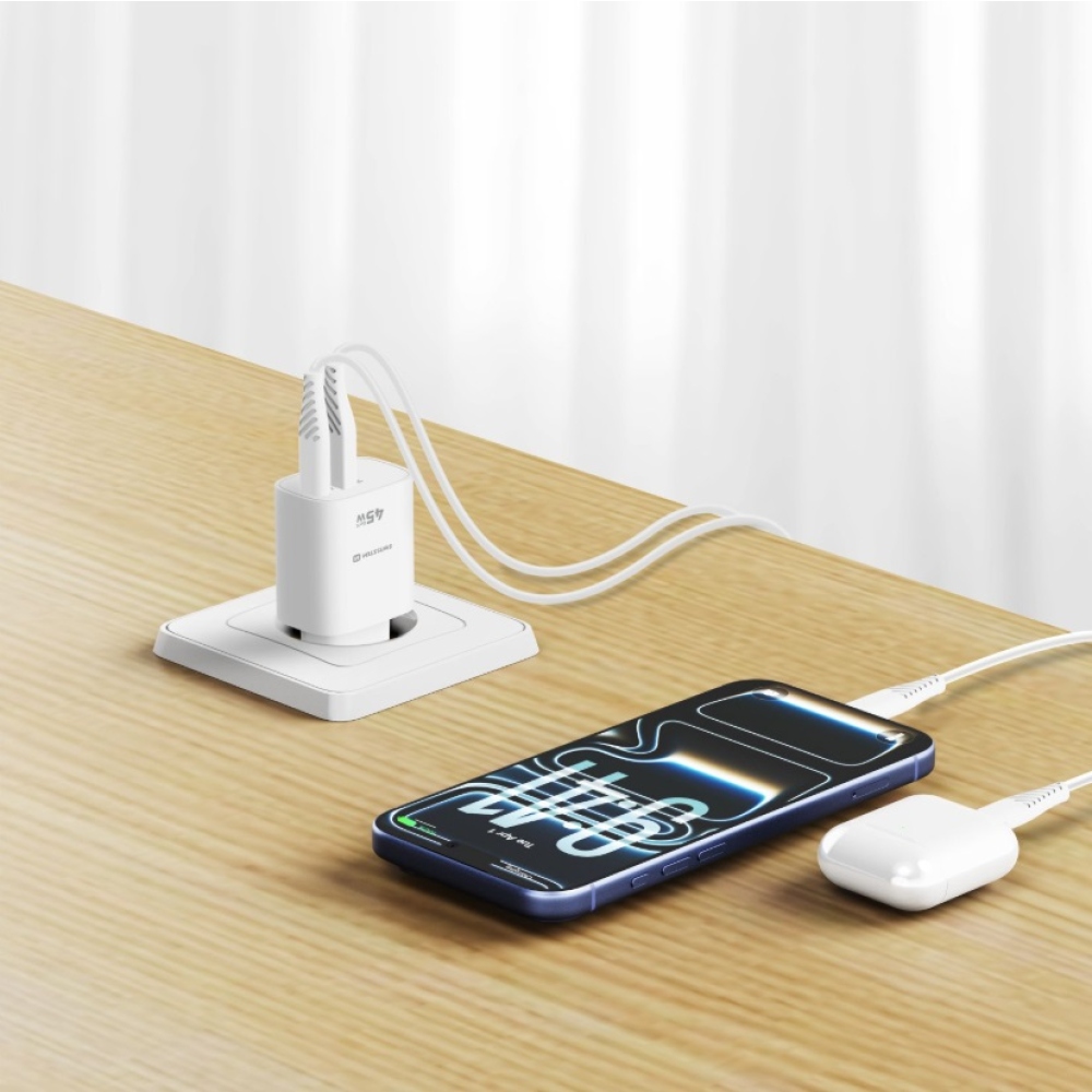 SWISSTEN síťový adaptér edge GaN 1x USB-C PD 45W + 1x USB-A 18W QC - bílý